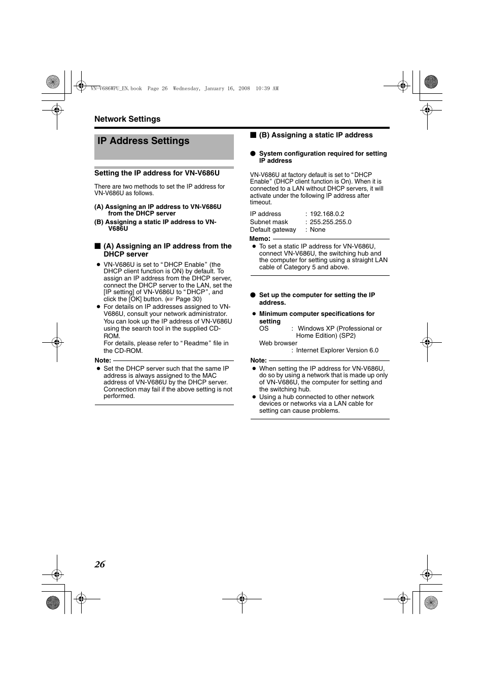 Network settings, Ip address settings, Setting the ip address for vn-v686u | JVC VN-V686U User Manual | Page 26 / 44