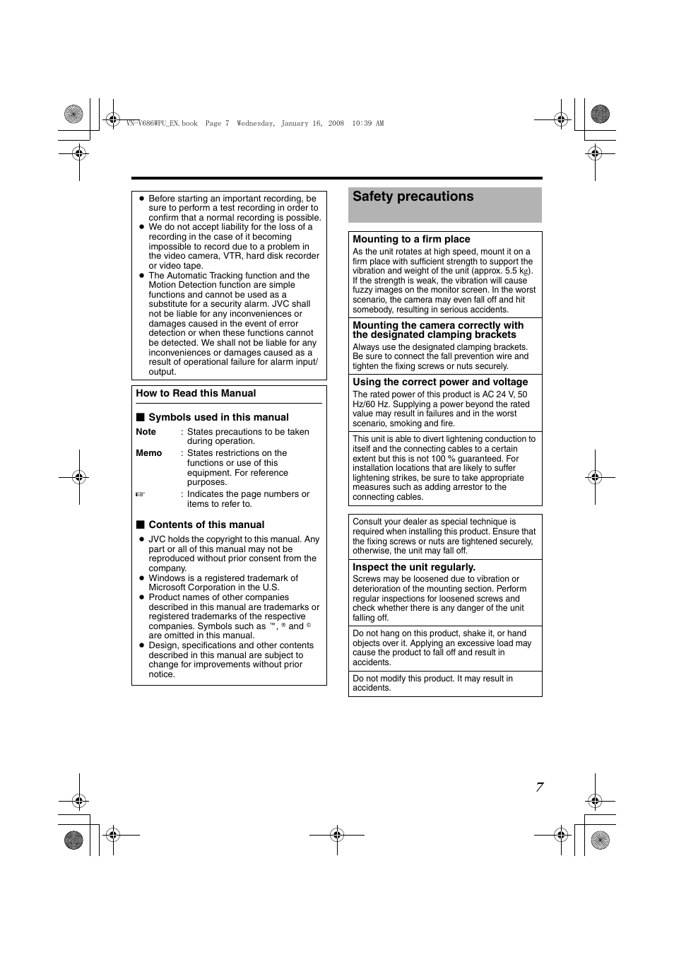 Safety precautions | JVC VN-V686U User Manual | Page 7 / 44