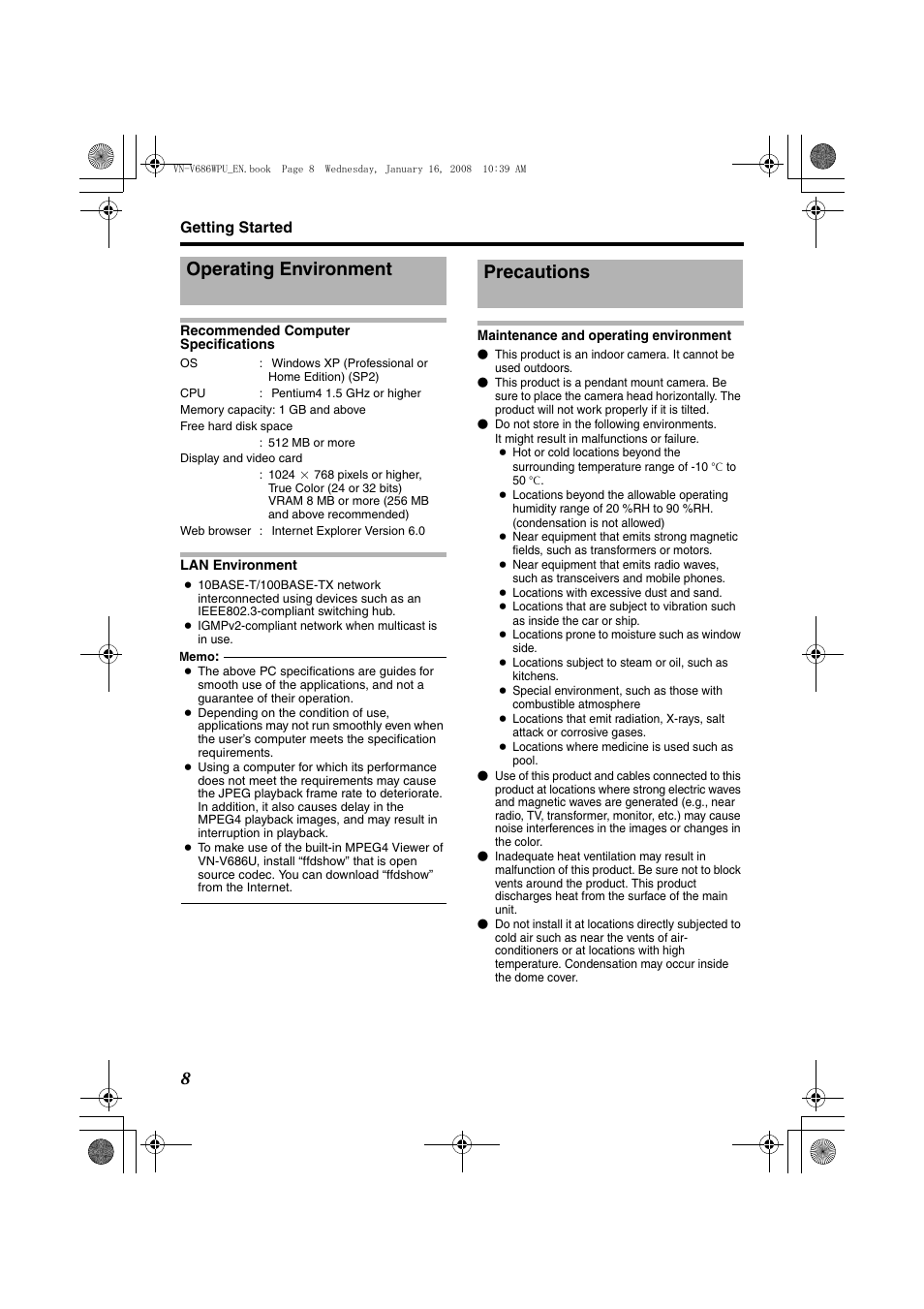 Operating environment, Precautions, Operating environment precautions | JVC VN-V686U User Manual | Page 8 / 44