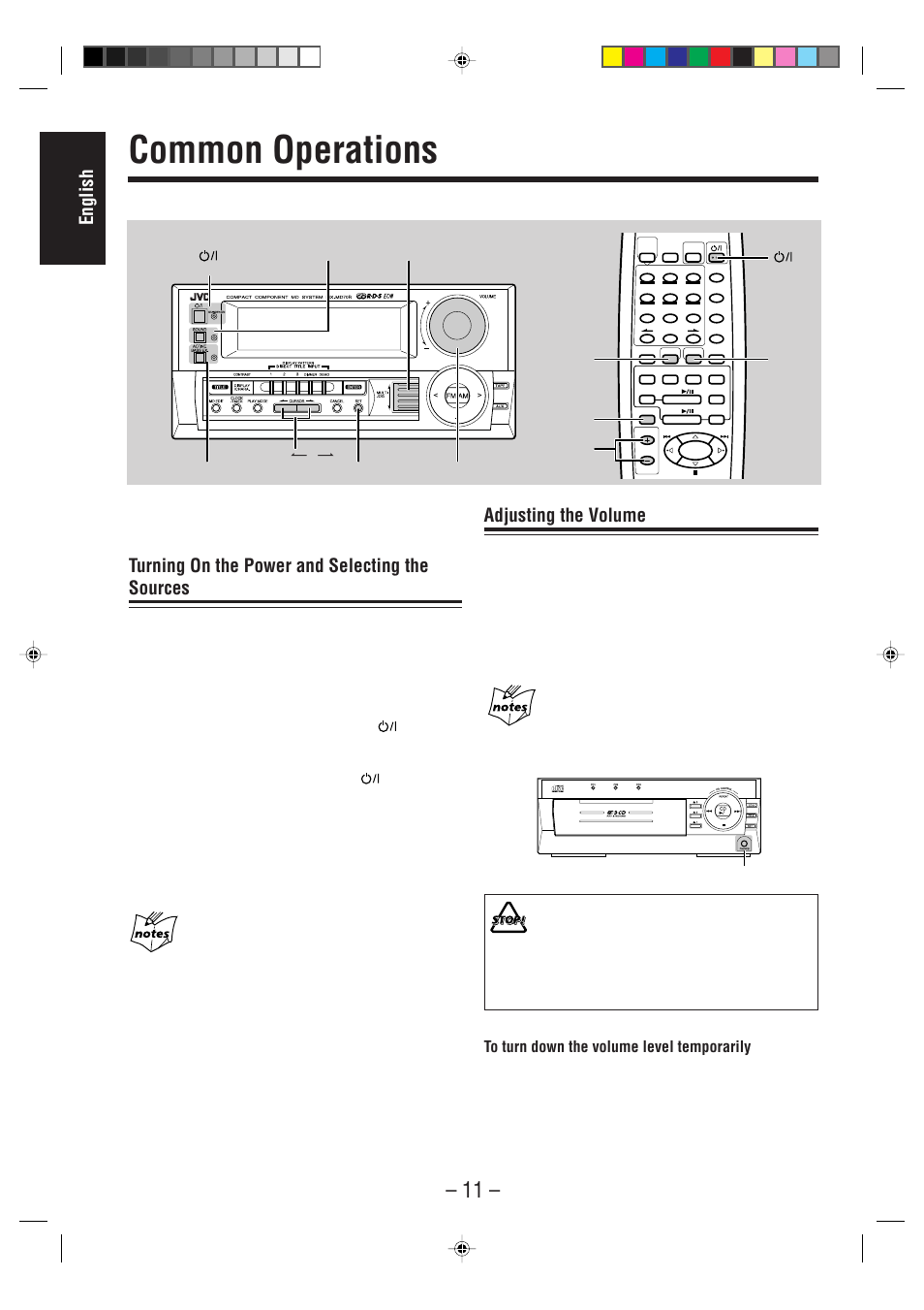 Common operations, English, Turning on the power and selecting the sources | Adjusting the volume, Remote control | JVC CA-MD70R User Manual | Page 12 / 53