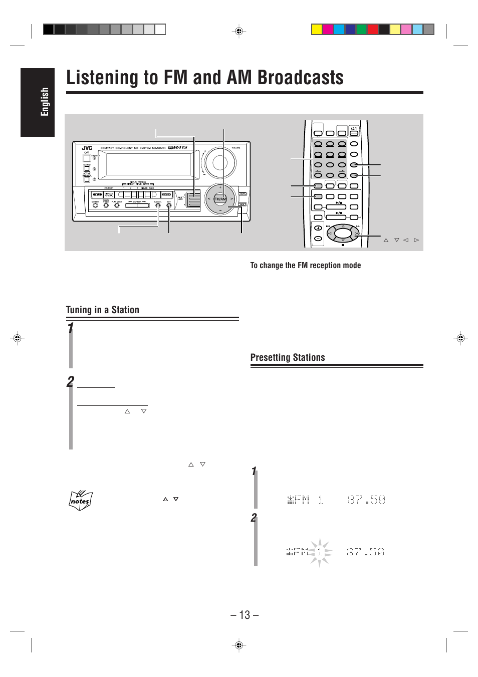 Listening to fm and am broadcasts, English, Tuning in a station | Presetting stations, Amplifier/tuner remote control | JVC CA-MD70R User Manual | Page 14 / 53