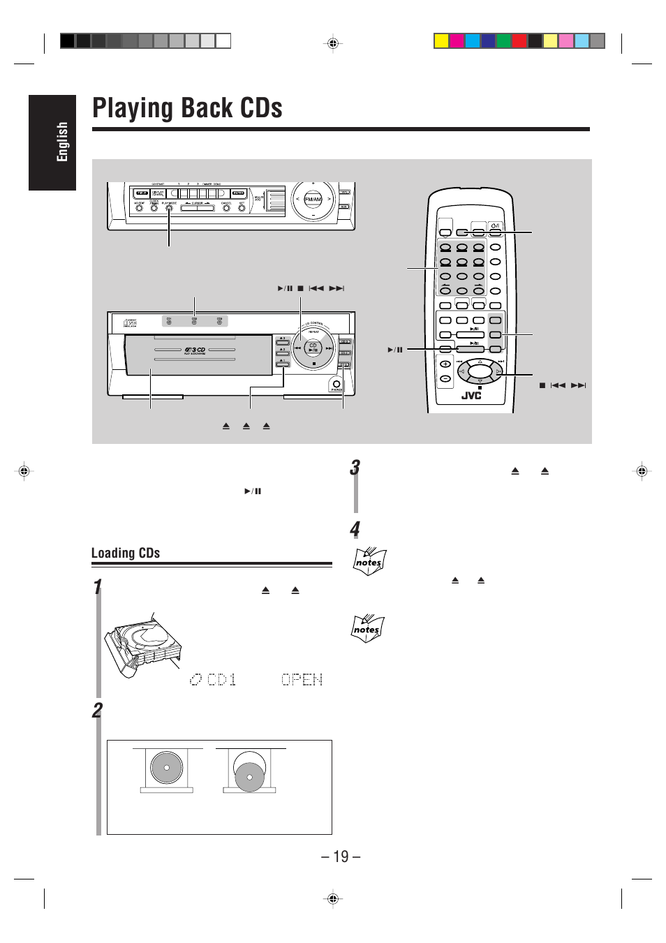 Playing back cds, English, Loading cds | Remote control, Repeat steps 1 to 3 to place other cds, Amplifier/tuner, Cd player | JVC CA-MD70R User Manual | Page 20 / 53
