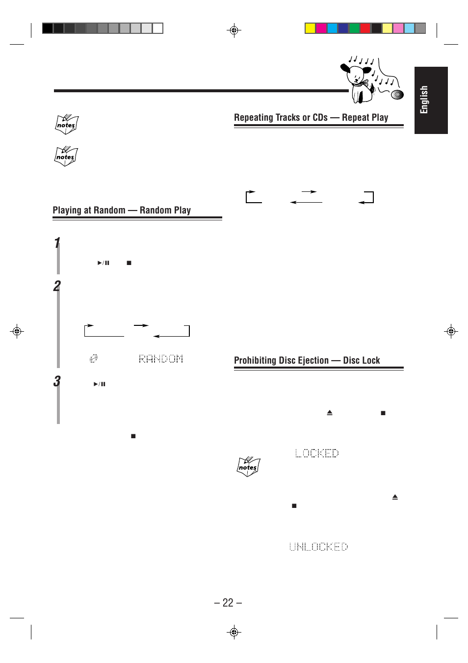 English, Repeating tracks or cds — repeat play, Prohibiting disc ejection — disc lock | Playing at random — random play | JVC CA-MD70R User Manual | Page 23 / 53