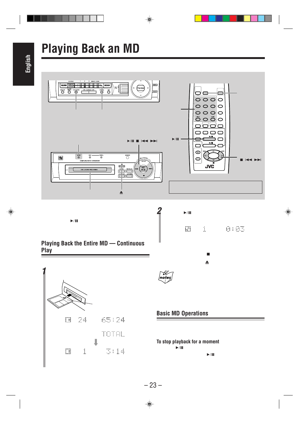 Playing back an md, English, Playing back the entire md — continuous play | Basic md operations, You can play an md continuously, Md recorder | JVC CA-MD70R User Manual | Page 24 / 53
