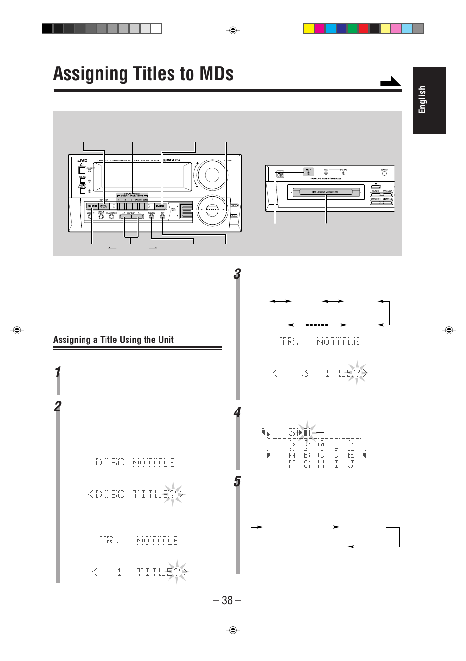 Assigning titles to mds, English, Assigning a title using the unit | JVC CA-MD70R User Manual | Page 39 / 53