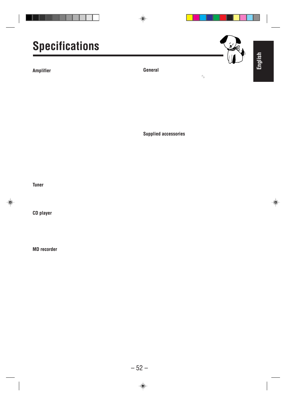 Specifications, English | JVC CA-MD70R User Manual | Page 53 / 53