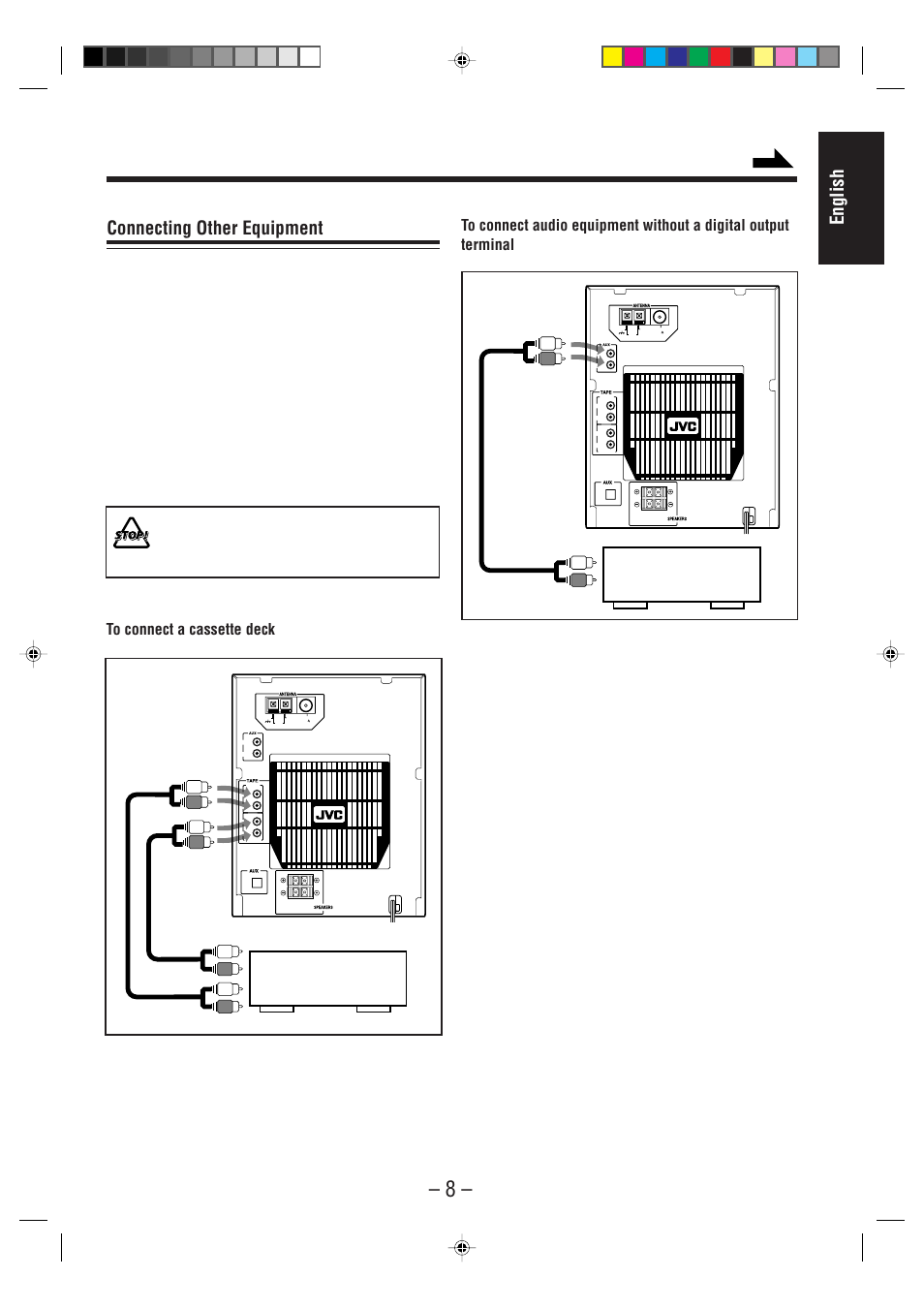 English connecting other equipment, Cassette deck to output, Audio equipment without a digital output | JVC CA-MD70R User Manual | Page 9 / 53