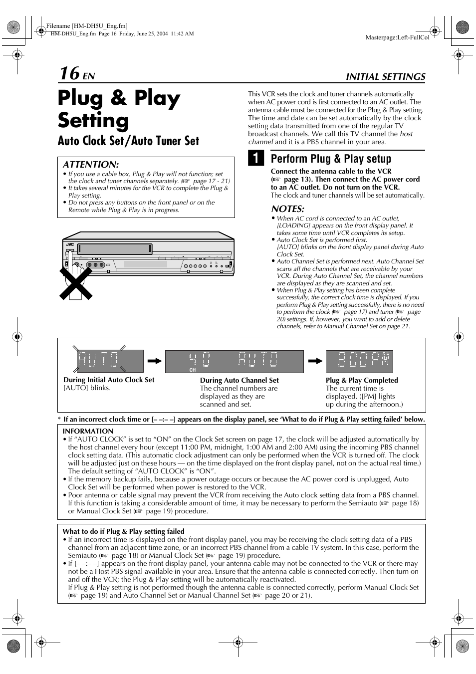 Initial settings, Plug & play setting, Auto clock set/auto tuner set | Perform plug & play setup | JVC D-VHS User Manual | Page 16 / 92