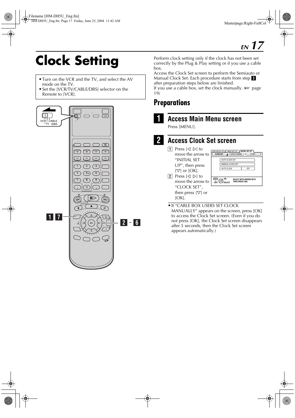 Clock setting, Preparations, Clock | Access main menu screen, Access clock set screen, B - f a g | JVC D-VHS User Manual | Page 17 / 92