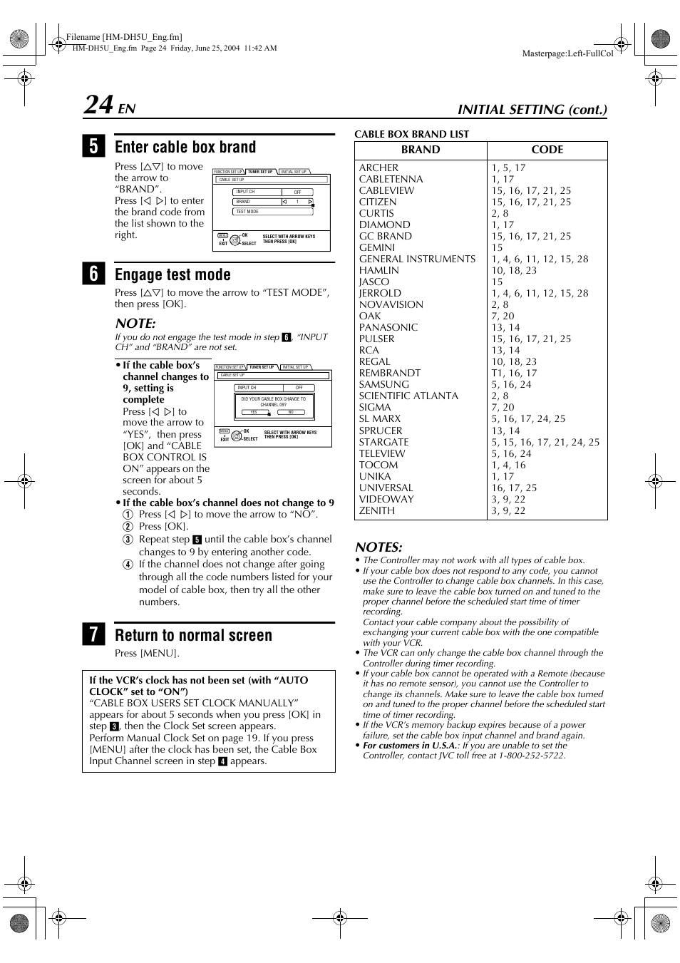 Enter cable box brand, Engage test mode, Return to normal screen | Initial setting (cont.) | JVC D-VHS User Manual | Page 24 / 92