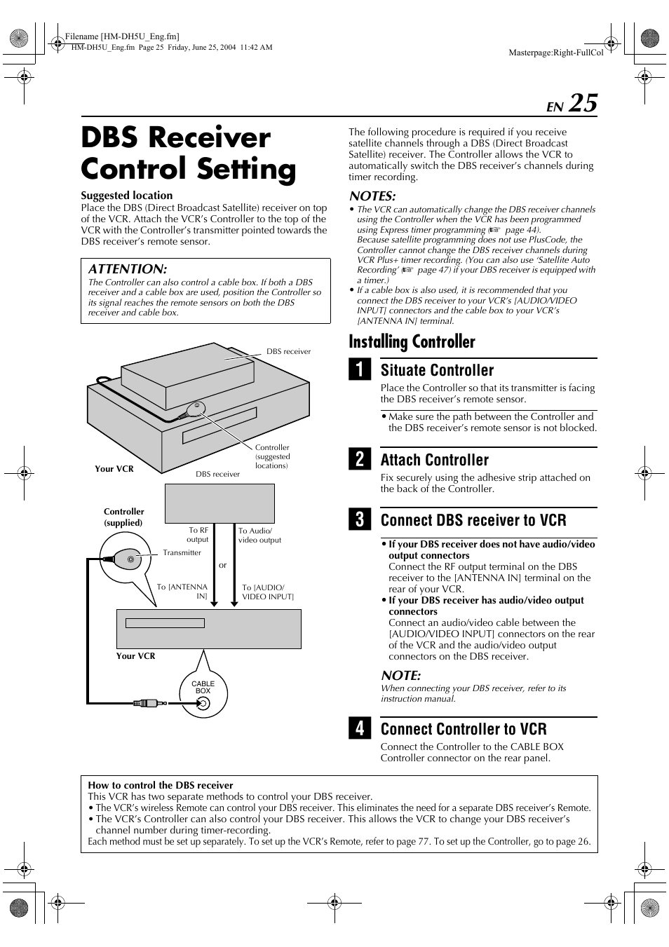 Dbs receiver control setting, Installing controller, Situate controller | Attach controller, Connect dbs receiver to vcr, Connect controller to vcr | JVC D-VHS User Manual | Page 25 / 92