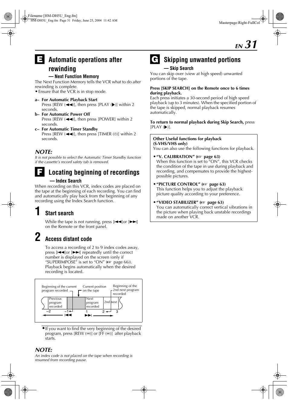 Locating beginning of recordings-index search, Skipping unwanted portions-skip search, Automatic operations after rewinding | Locating beginning of recordings, Skipping unwanted portions | JVC D-VHS User Manual | Page 31 / 92