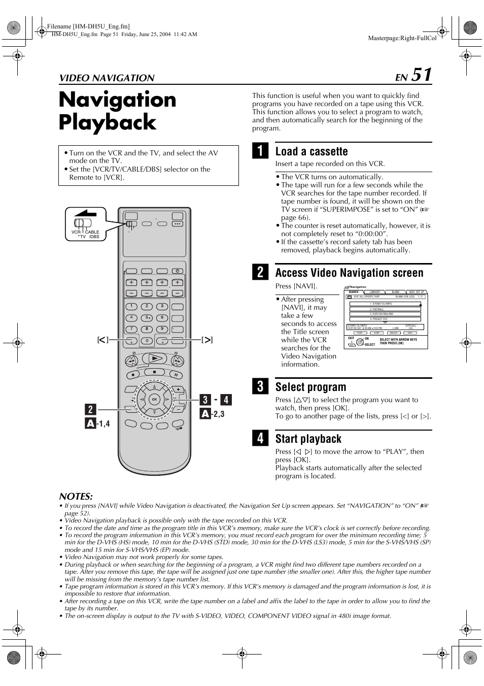 Video navigation, Navigation playback, Load a cassette | Access video navigation screen, Select program, Start playback, C - d a | JVC D-VHS User Manual | Page 51 / 92