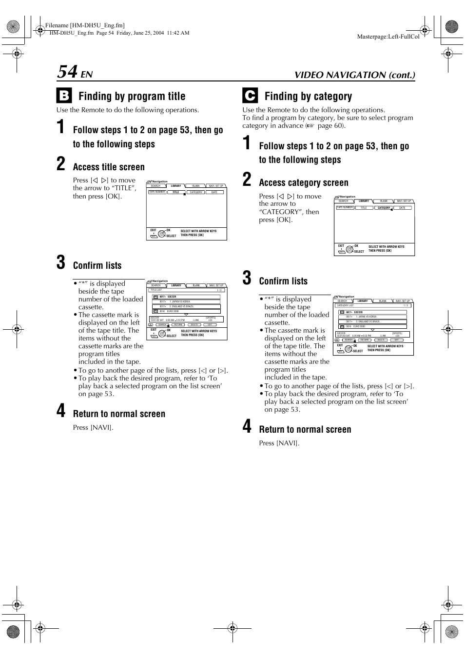 Finding by program title, Finding by category, Video navigation (cont.) | Access title screen, Confirm lists, Return to normal screen, Access category screen | JVC D-VHS User Manual | Page 54 / 92