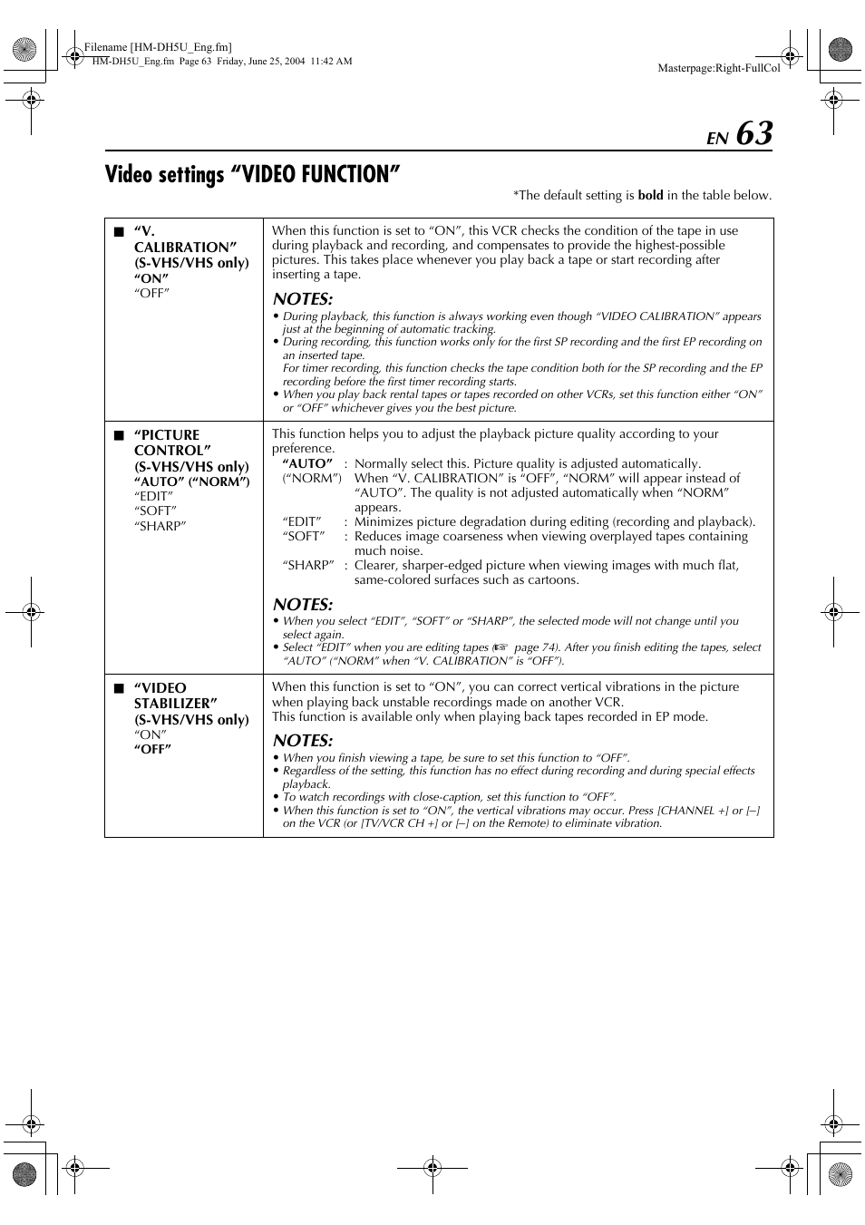 Ideo calibration, Video settings “video function | JVC D-VHS User Manual | Page 63 / 92