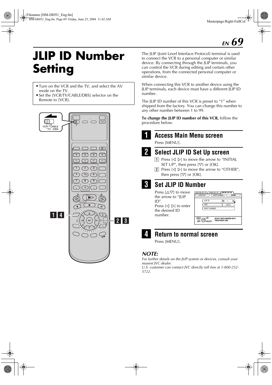 Jlip id number setting, Access main menu screen, Select jlip id set up screen | Set jlip id number, Return to normal screen, B c a | JVC D-VHS User Manual | Page 69 / 92