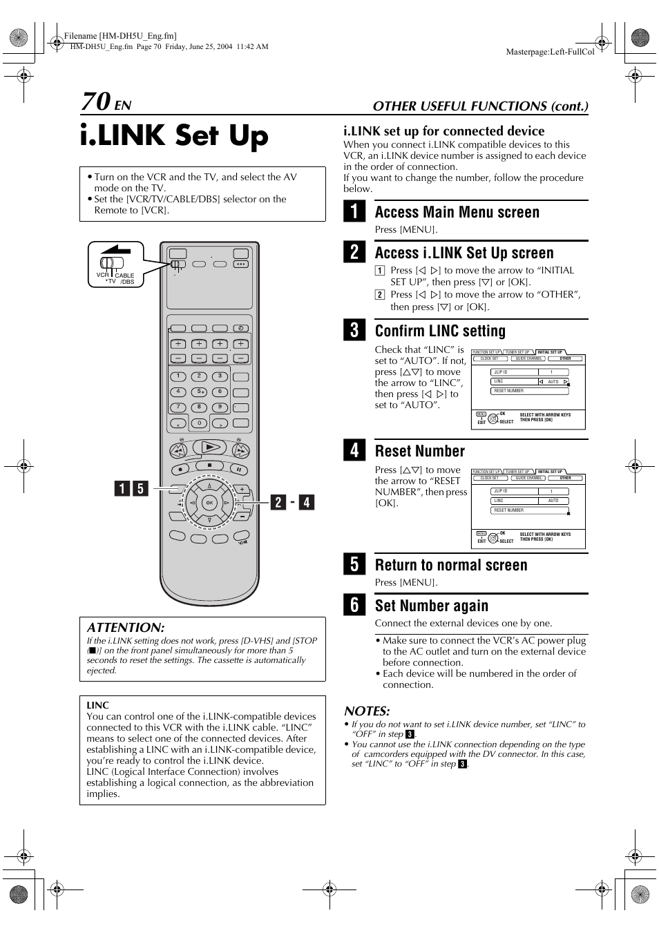 I.link set up, Access main menu screen, Access i.link set up screen | Confirm linc setting, Reset number, Return to normal screen, Set number again, B - d a, Other useful functions (cont.), I.link set up for connected device | JVC D-VHS User Manual | Page 70 / 92