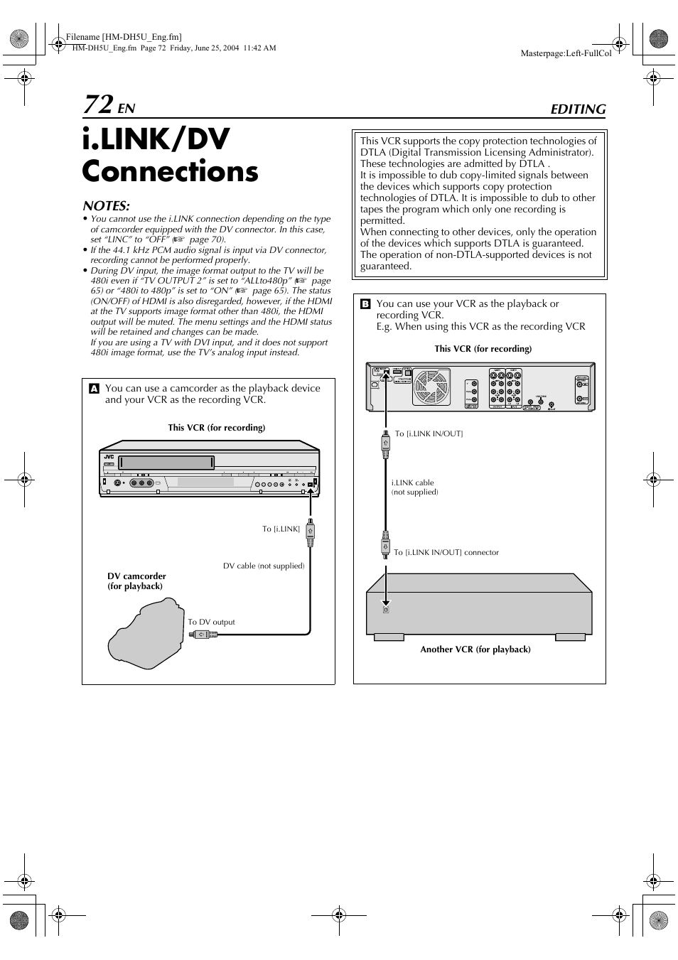 Editing, I.link/dv connections | JVC D-VHS User Manual | Page 72 / 92