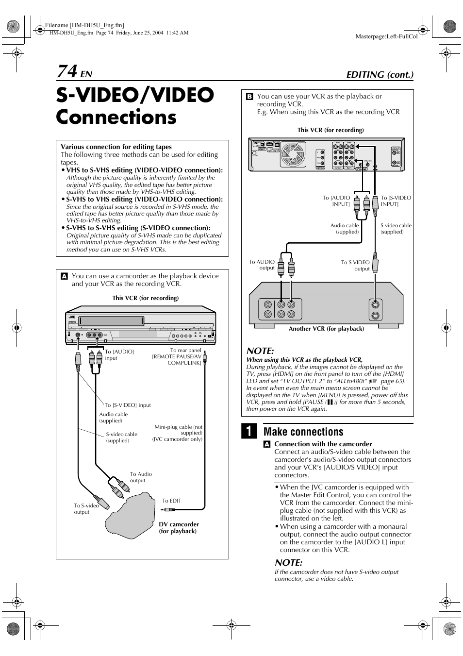 S-video/video connections, Make connections, Editing (cont.) | JVC D-VHS User Manual | Page 74 / 92