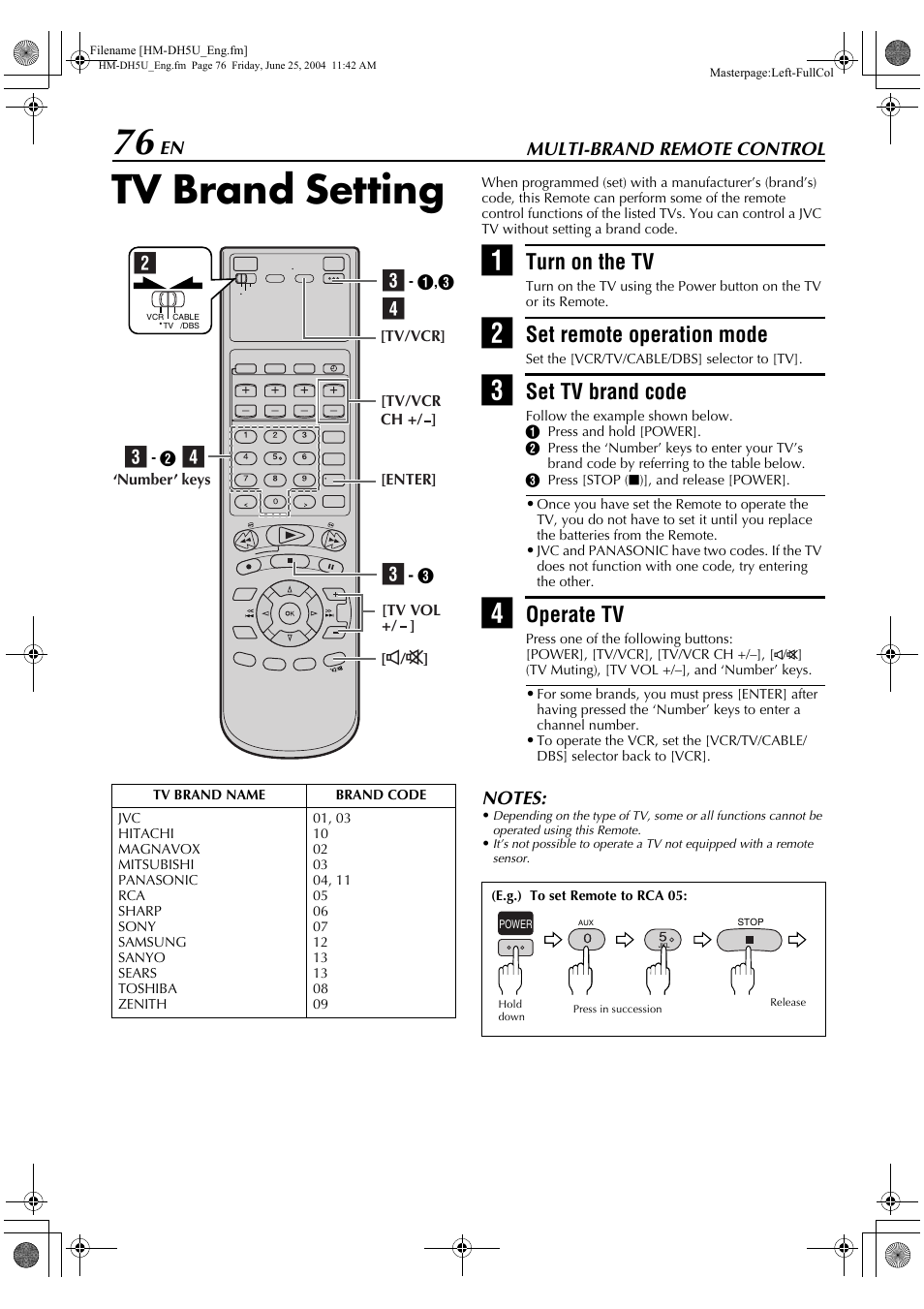 Multi-brand remote control, Tv brand setting, The av mode | Turn on the tv, Set remote operation mode, Set tv brand code, Operate tv | JVC D-VHS User Manual | Page 76 / 92