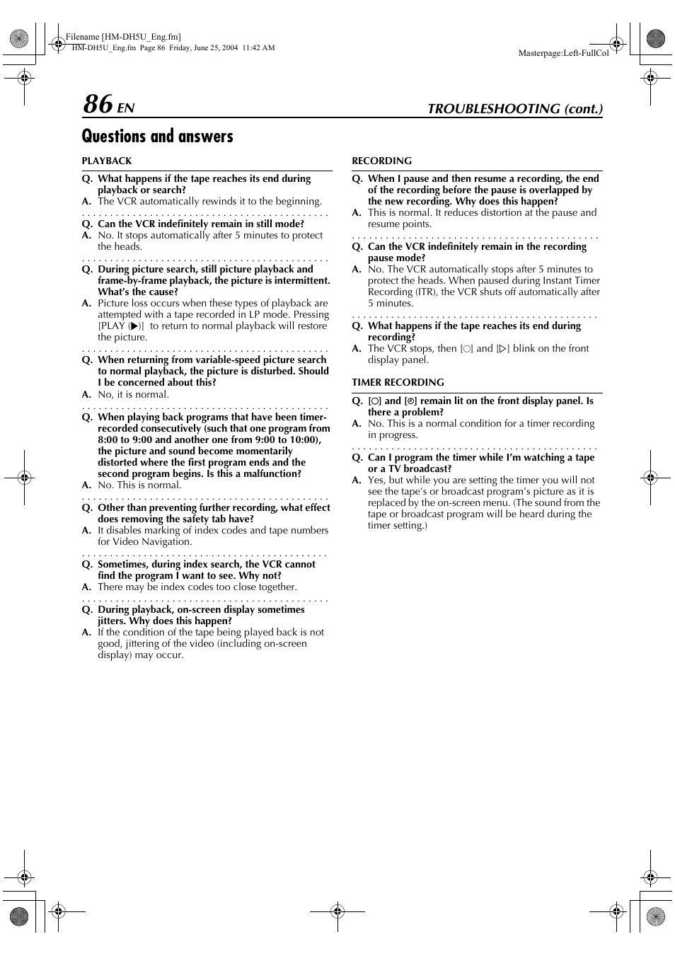 Questions and answers, Troubleshooting (cont.) | JVC D-VHS User Manual | Page 86 / 92