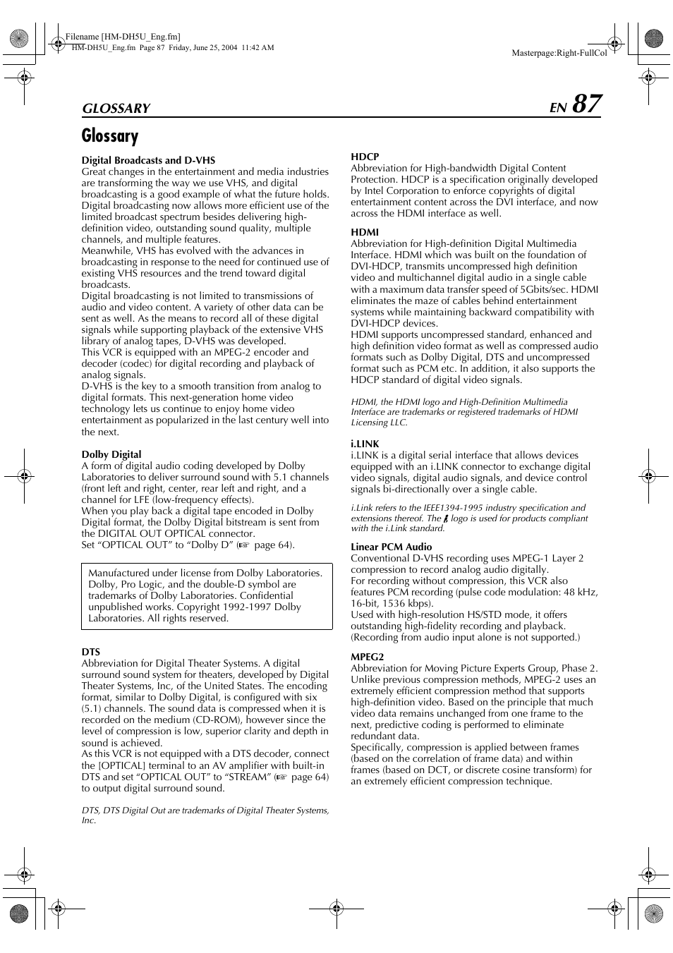 Glossary | JVC D-VHS User Manual | Page 87 / 92