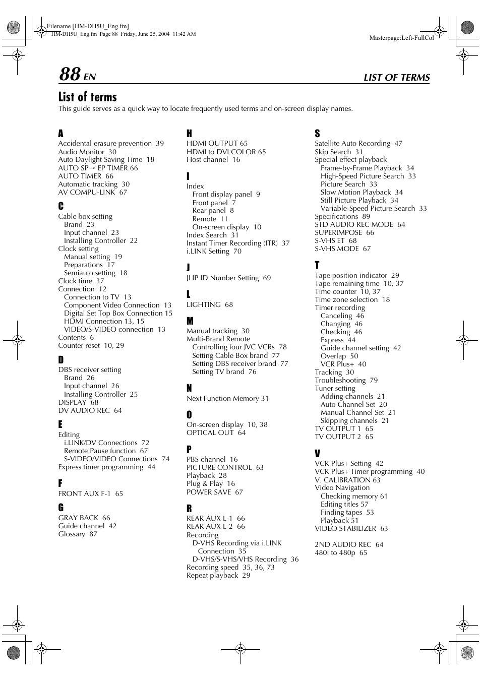 List of terms | JVC D-VHS User Manual | Page 88 / 92