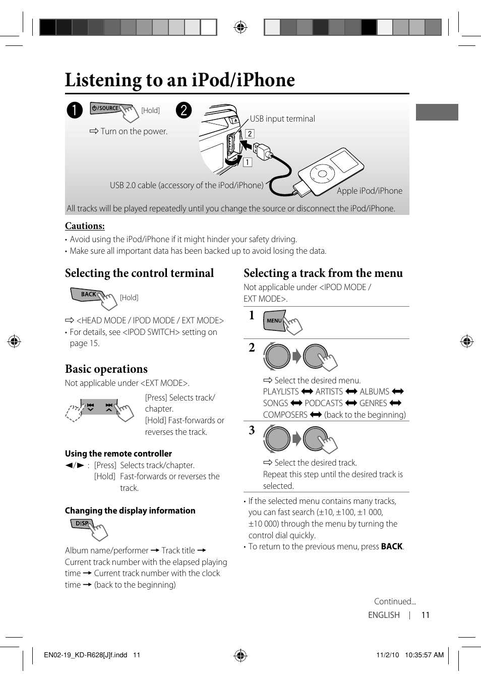 Listening to an ipod/iphone, Selecting the control terminal, Basic operations | Selecting a track from the menu | JVC GET0735-001A User Manual | Page 11 / 55