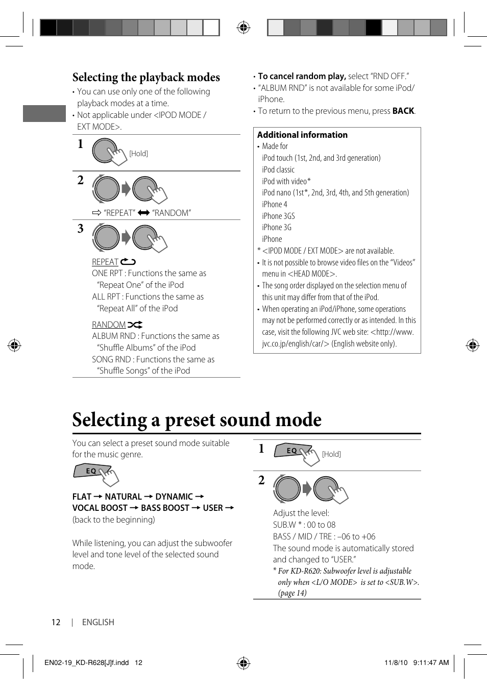 Selecting a preset sound mode, Selecting the playback modes | JVC GET0735-001A User Manual | Page 12 / 55