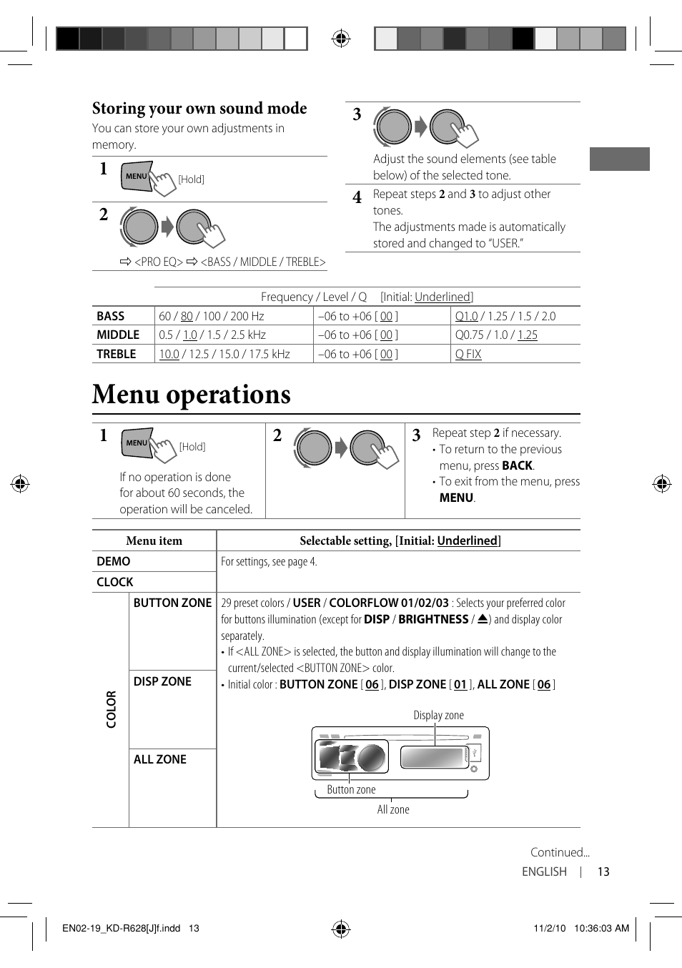 Menu operations, Storing your own sound mode | JVC GET0735-001A User Manual | Page 13 / 55