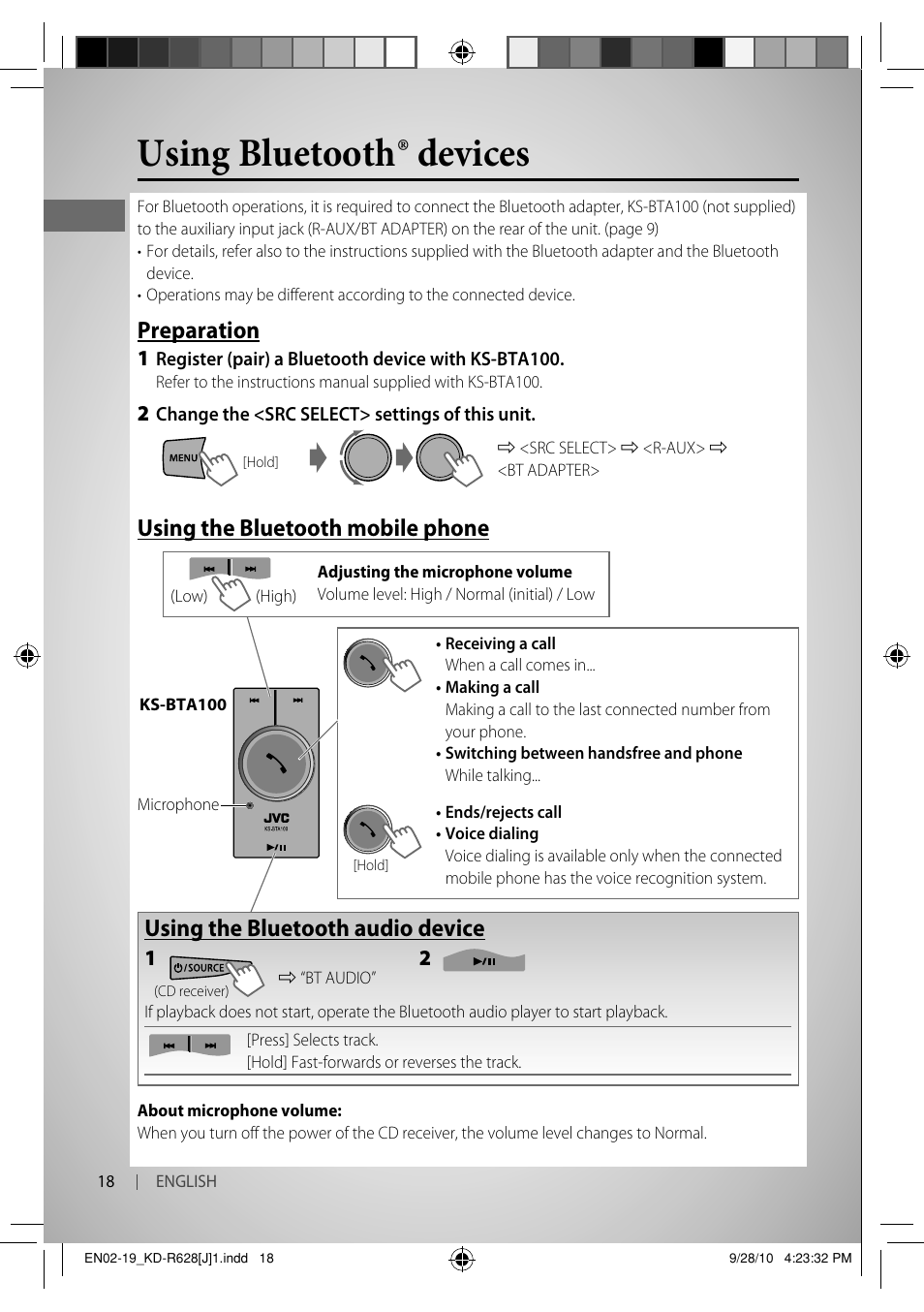 Using bluetooth ® devices, Preparation, Using the bluetooth mobile phone | Using the bluetooth audio device | JVC GET0735-001A User Manual | Page 18 / 55