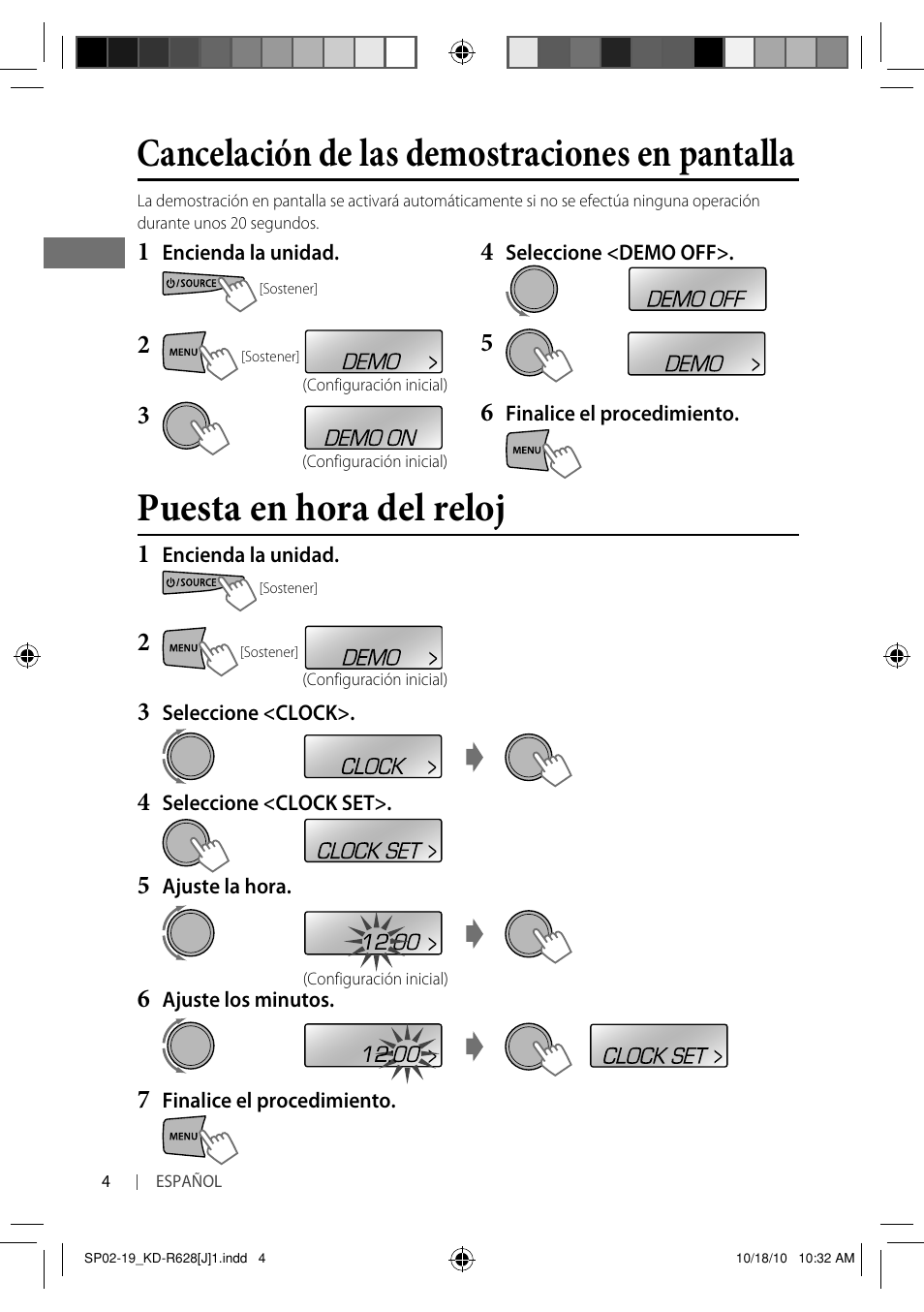 Puesta en hora del reloj, Cancelación de las demostraciones en pantalla | JVC GET0735-001A User Manual | Page 22 / 55