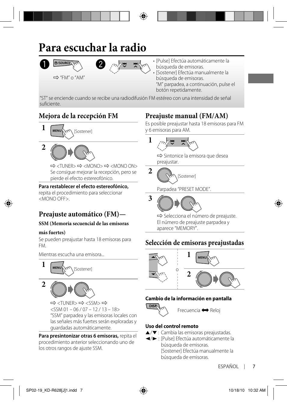 Para escuchar la radio, Mejora de la recepción fm, Preajuste automático (fm) | Preajuste manual (fm/am), Selección de emisoras preajustadas | JVC GET0735-001A User Manual | Page 25 / 55
