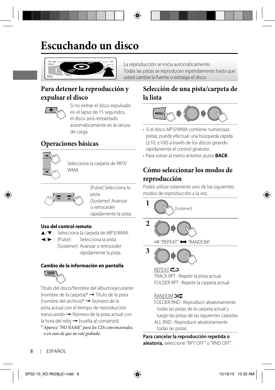 Escuchando un disco, Para detener la reproducción y expulsar el disco, Operaciones básicas | Selección de una pista/carpeta de la lista, Cómo seleccionar los modos de reproducción | JVC GET0735-001A User Manual | Page 26 / 55