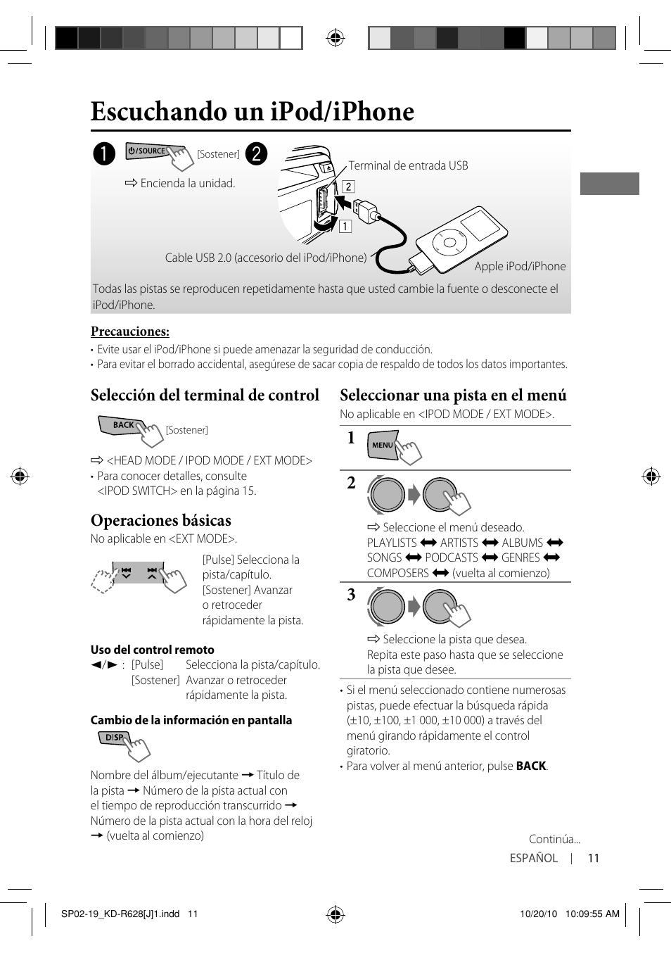 Escuchando un ipod/iphone, Selección del terminal de control, Operaciones básicas | Seleccionar una pista en el menú | JVC GET0735-001A User Manual | Page 29 / 55