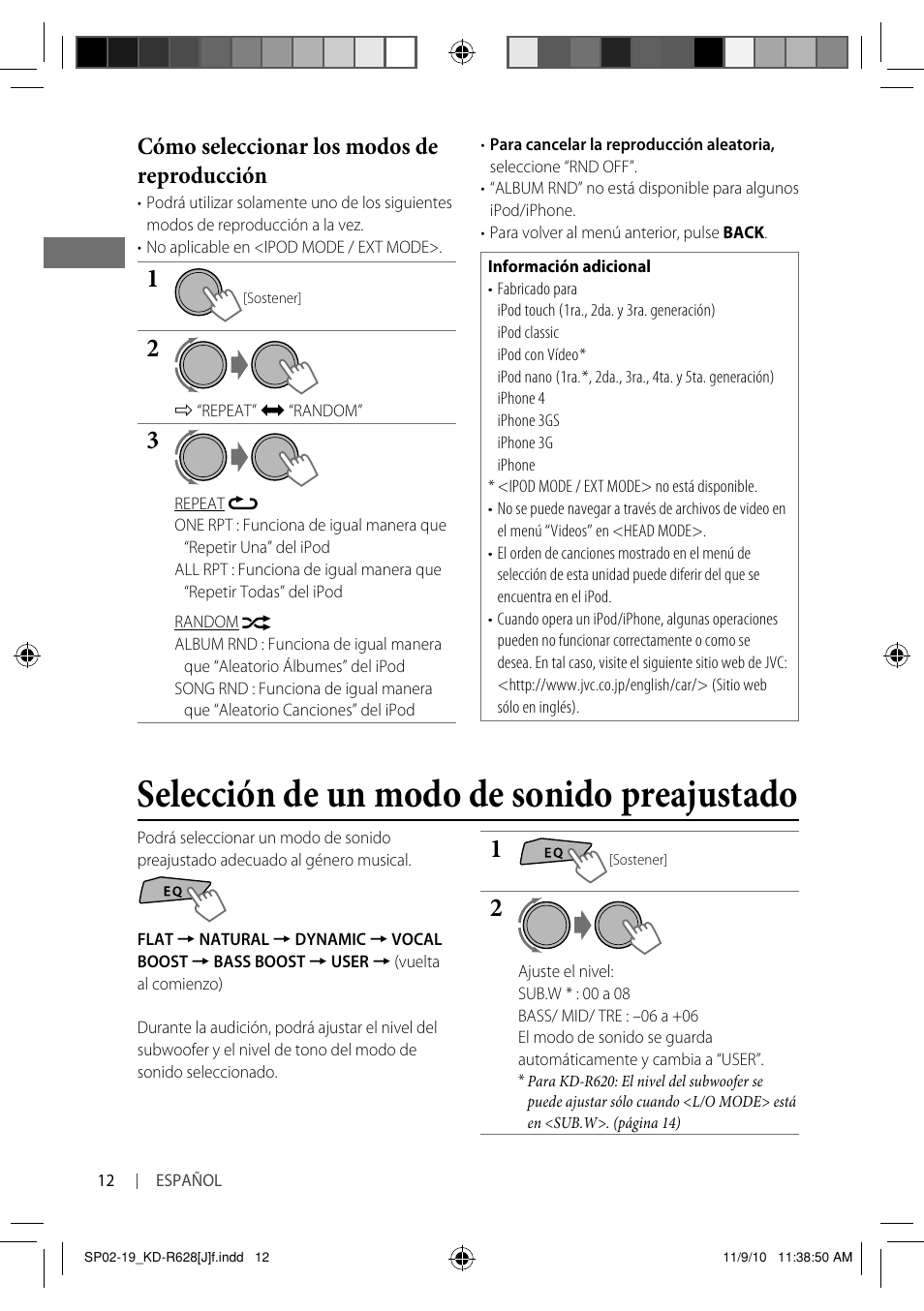 Selección de un modo de sonido preajustado, Cómo seleccionar los modos de reproducción | JVC GET0735-001A User Manual | Page 30 / 55