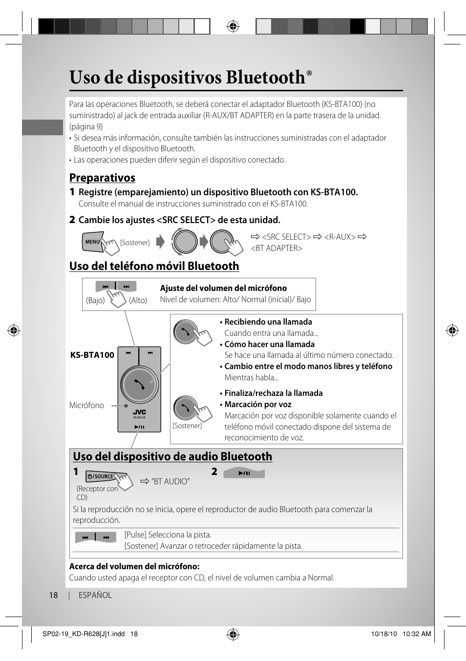 Uso de dispositivos bluetooth, Preparativos, Uso del teléfono móvil bluetooth | Uso del dispositivo de audio bluetooth | JVC GET0735-001A User Manual | Page 36 / 55