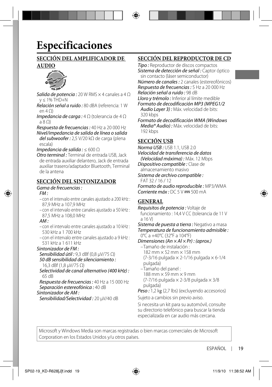 Especificaciones | JVC GET0735-001A User Manual | Page 37 / 55