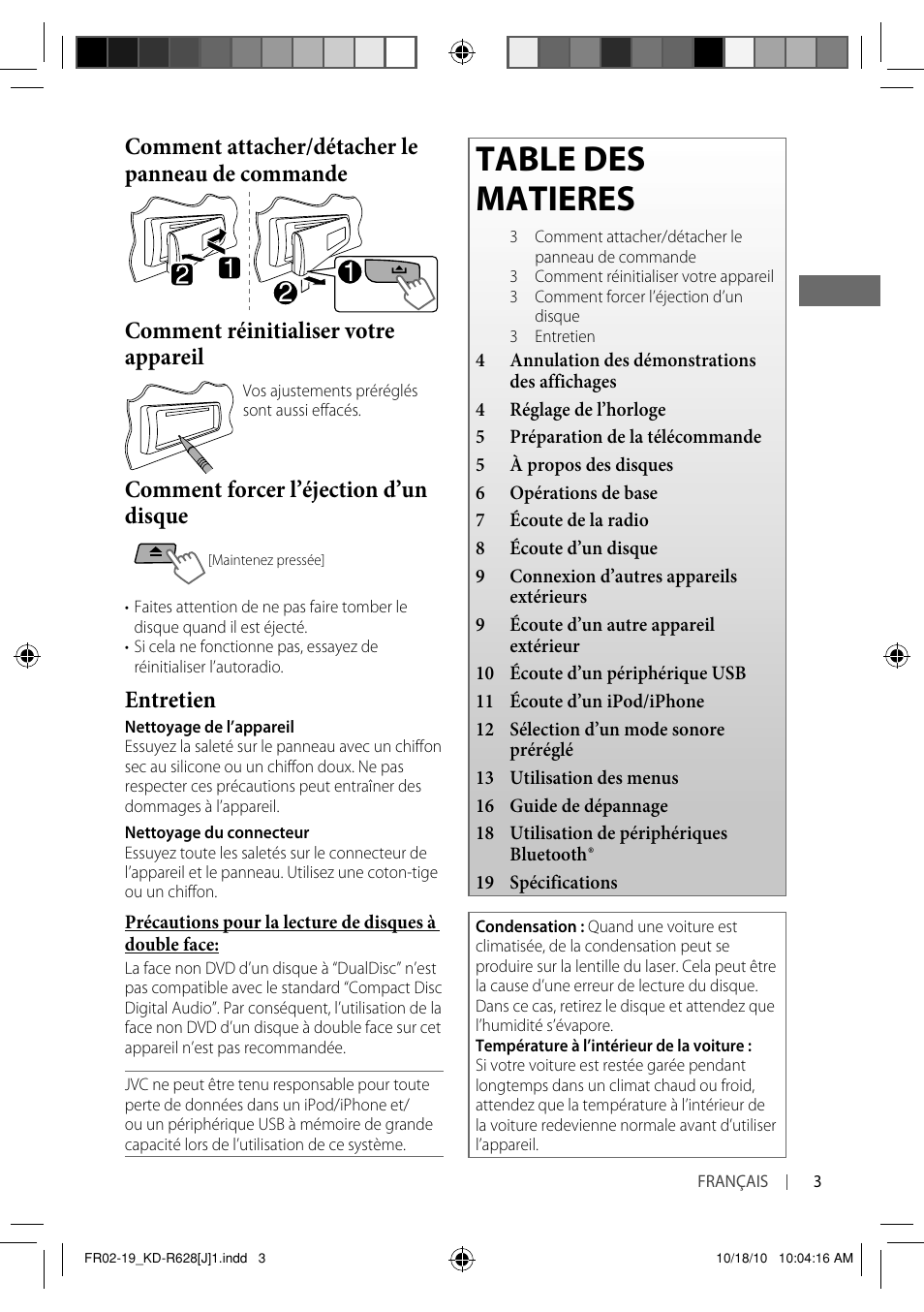 Table des matieres, Comment forcer l’éjection d’un disque, Entretien | JVC GET0735-001A User Manual | Page 39 / 55