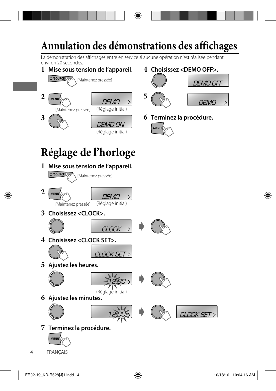 Réglage de l’horloge, Annulation des démonstrations des affichages | JVC GET0735-001A User Manual | Page 40 / 55
