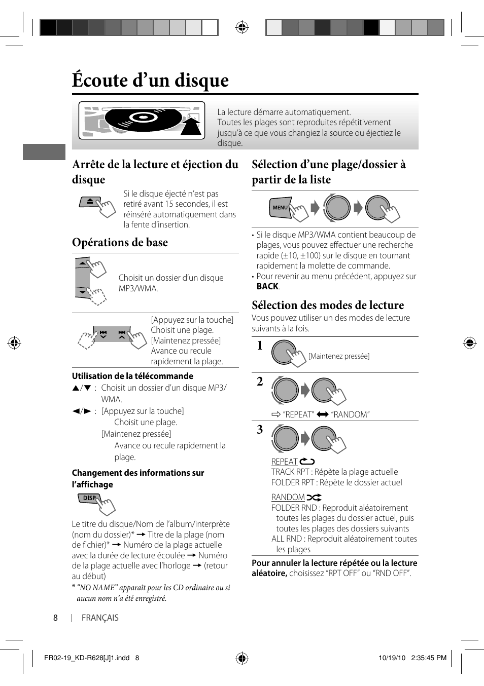 Écoute d’un disque, Arrête de la lecture et éjection du disque, Opérations de base | Sélection d’une plage/dossier à partir de la liste, Sélection des modes de lecture | JVC GET0735-001A User Manual | Page 44 / 55