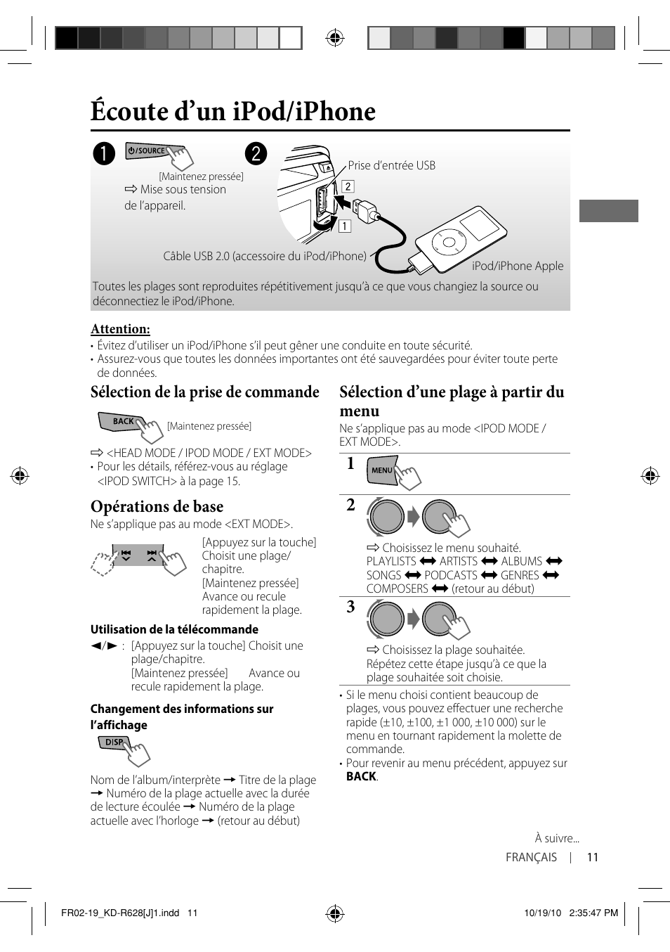 Écoute d’un ipod/iphone, Sélection de la prise de commande, Opérations de base | Sélection d’une plage à partir du menu | JVC GET0735-001A User Manual | Page 47 / 55