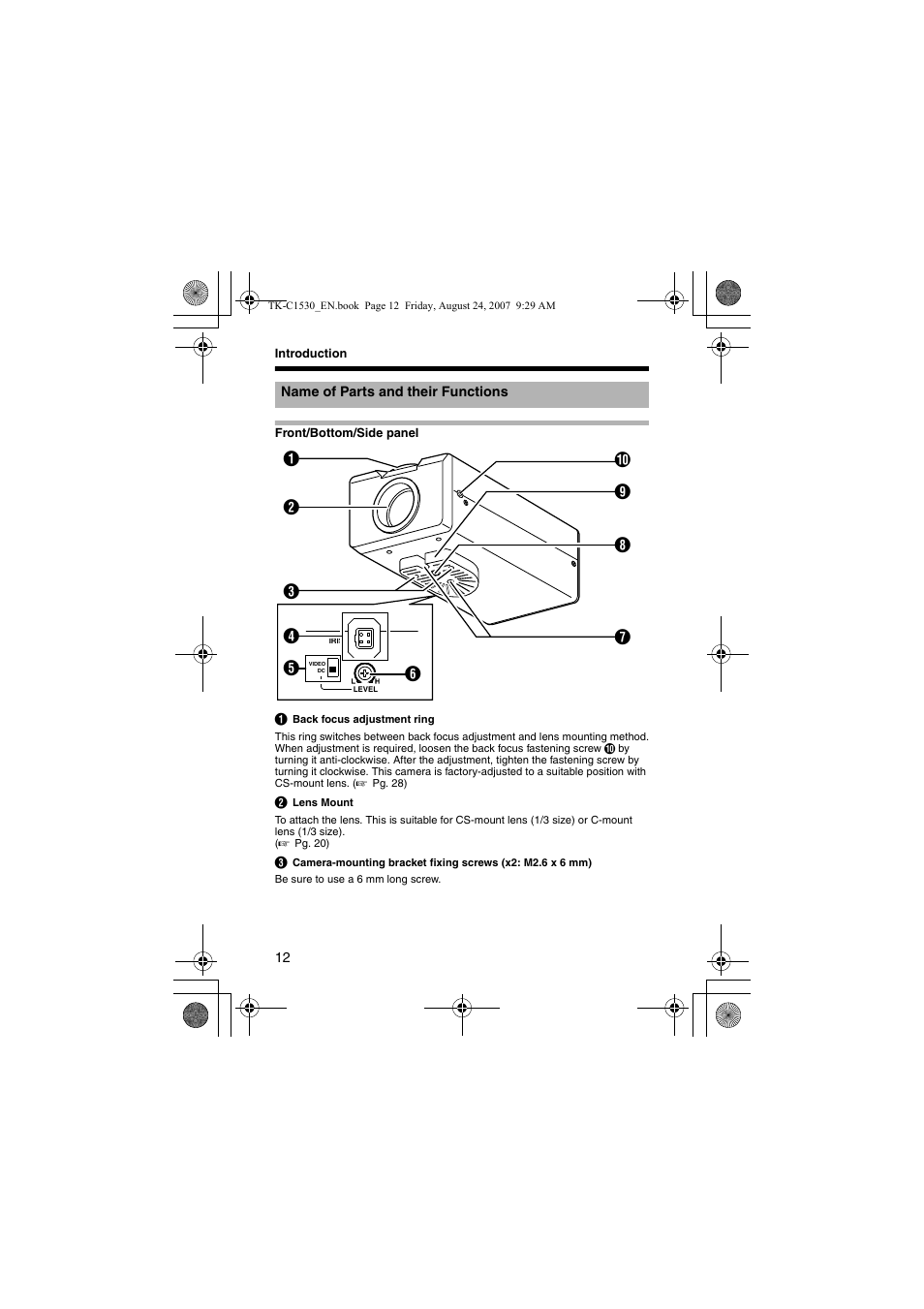 Name of parts and their functions | JVC TK-C1531EG User Manual | Page 12 / 70