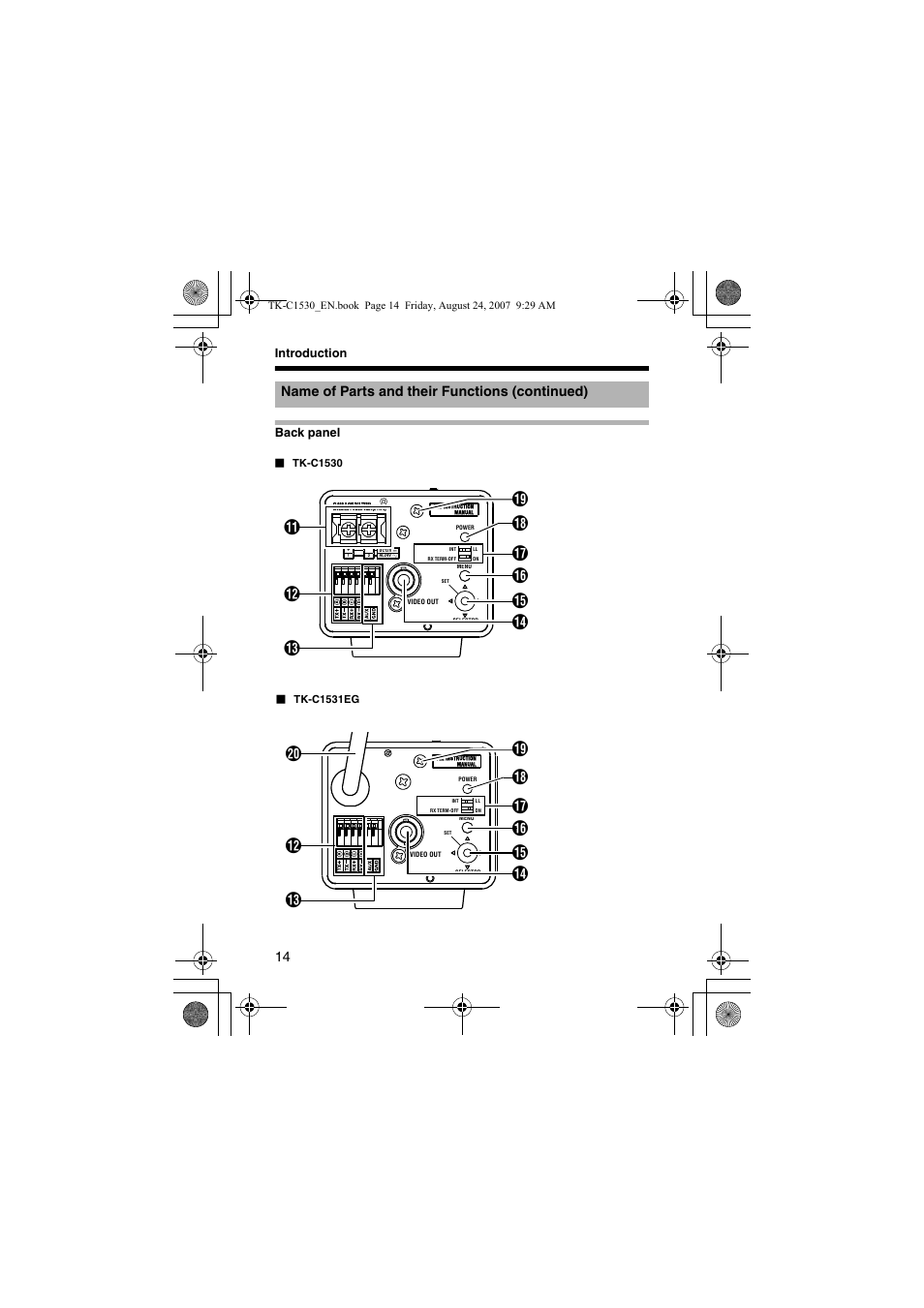 Name of parts and their functions (continued) | JVC TK-C1531EG User Manual | Page 14 / 70