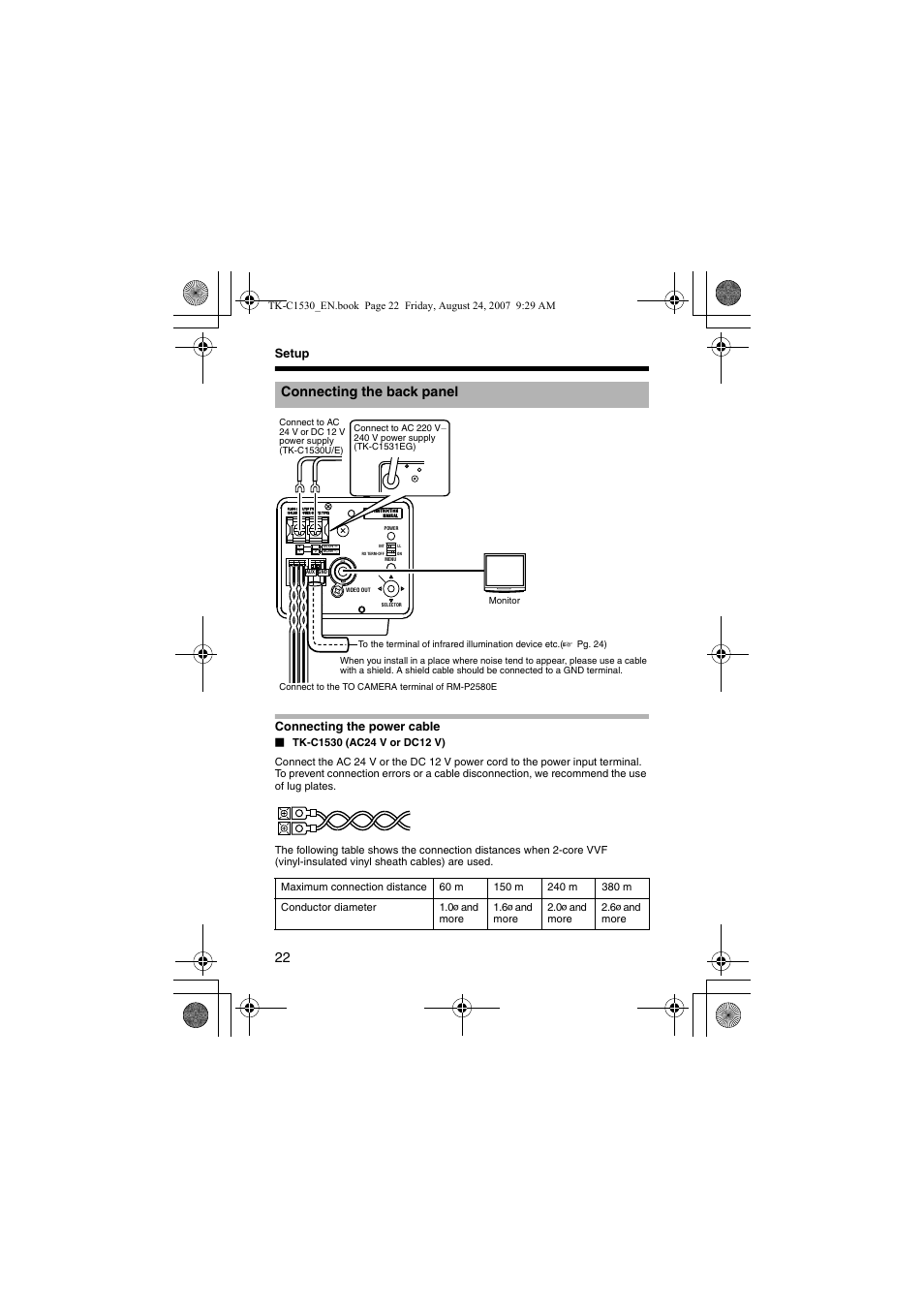 Connecting the back panel, A pg. 22), Setup connecting the power cable | JVC TK-C1531EG User Manual | Page 22 / 70