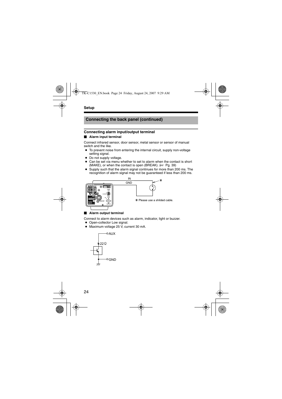 Connecting the back panel (continued), Setup connecting alarm input/output terminal | JVC TK-C1531EG User Manual | Page 24 / 70