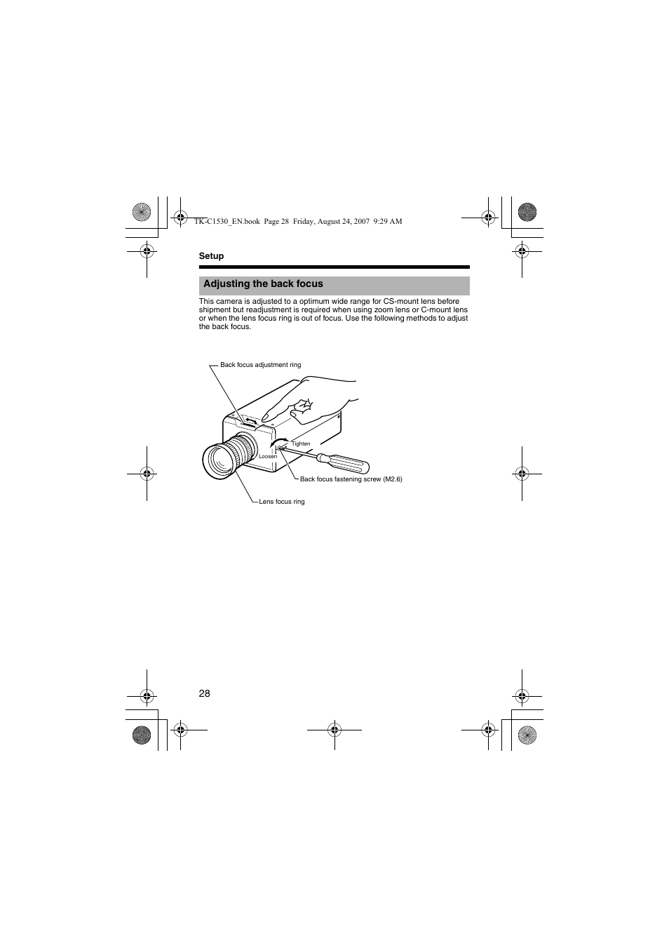 Adjusting the back focus, A pg. 28) | JVC TK-C1531EG User Manual | Page 28 / 70