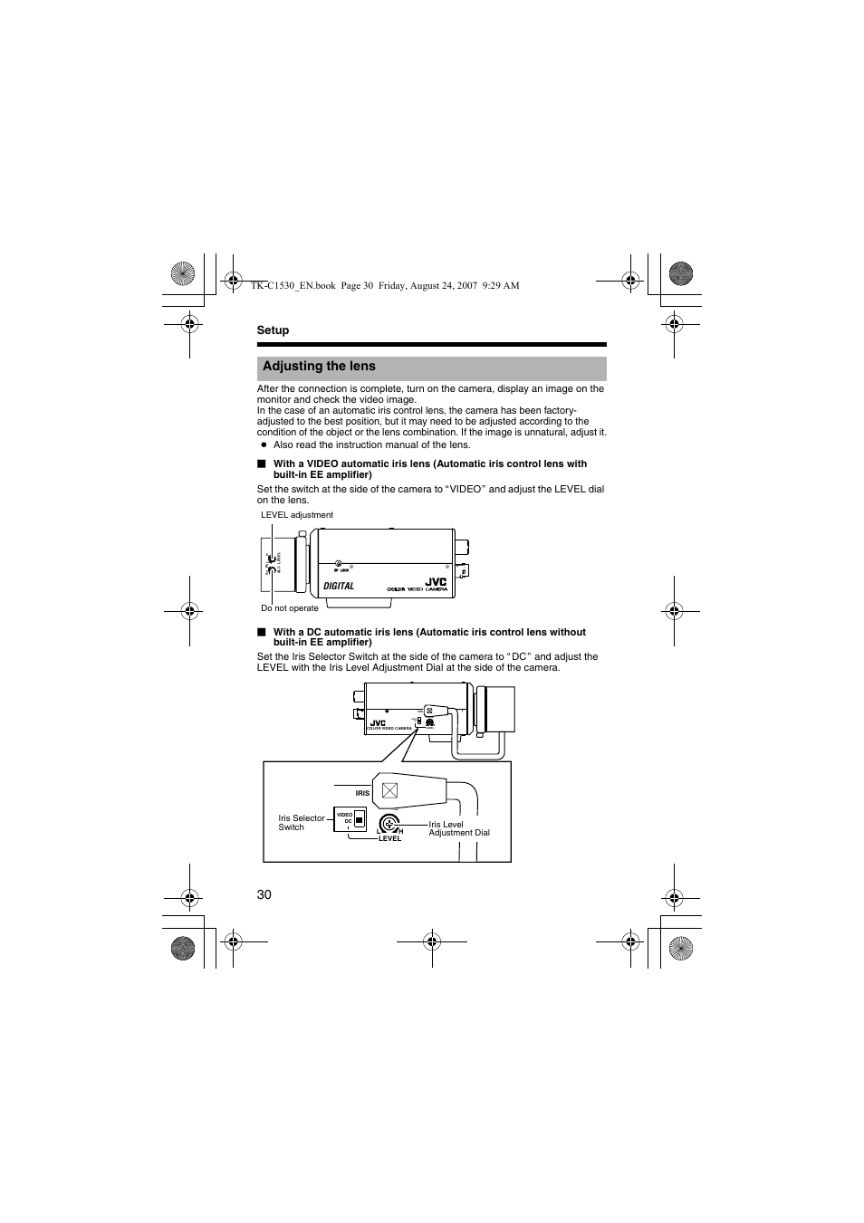 Adjusting the lens, A pg. 30), Video dc | Setup | JVC TK-C1531EG User Manual | Page 30 / 70