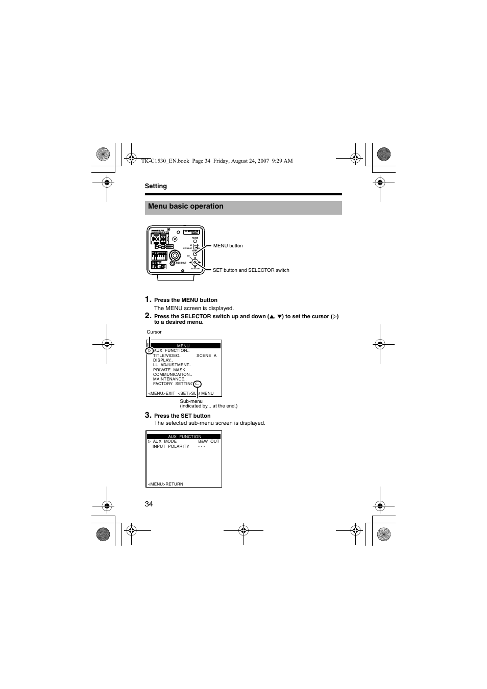 Setting, Menu basic operation, A pg. 34) | JVC TK-C1531EG User Manual | Page 34 / 70