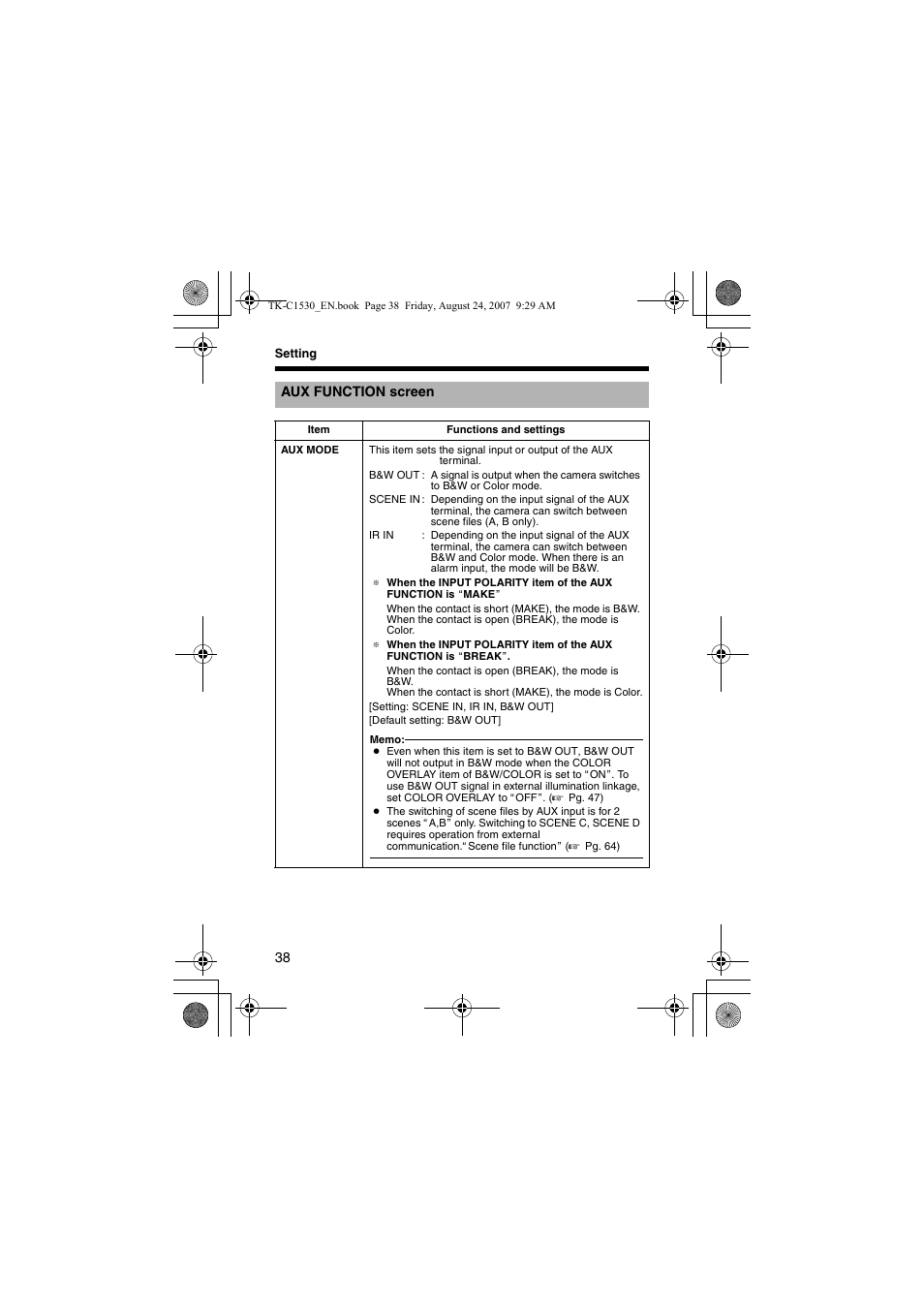 Aux function screen, Aux function s, A pg. 38) | JVC TK-C1531EG User Manual | Page 38 / 70